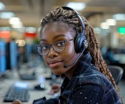A colleague wearing a headset, taking an enquiry at her desk